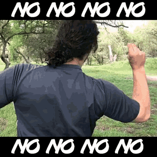 a man in a ponytail is standing in a park with the words no no no no written on the bottom
