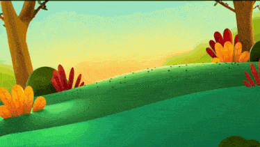 a cartoon illustration of a landscape with trees and flowers