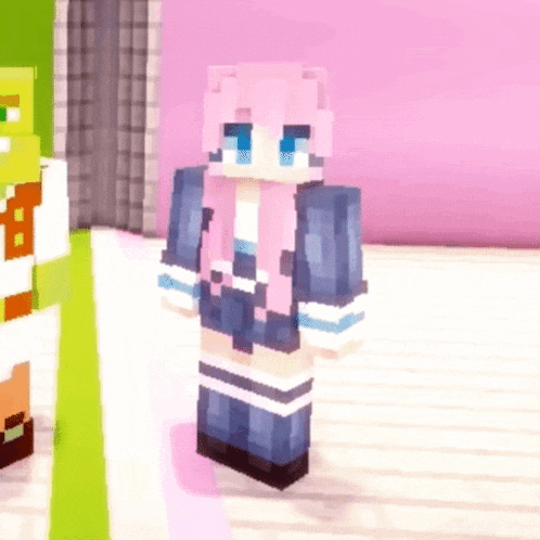 a girl with pink hair and blue eyes is standing next to a man in a minecraft video game .