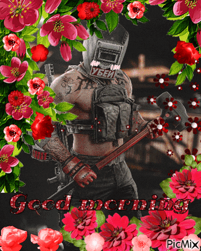 a man in a welding helmet is holding an axe in front of pink flowers and the words good morning