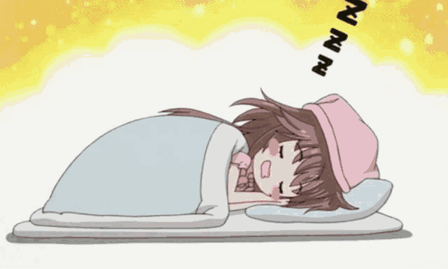 a girl in a pink hat is sleeping on a bed with the words " nnn " coming out of her mouth