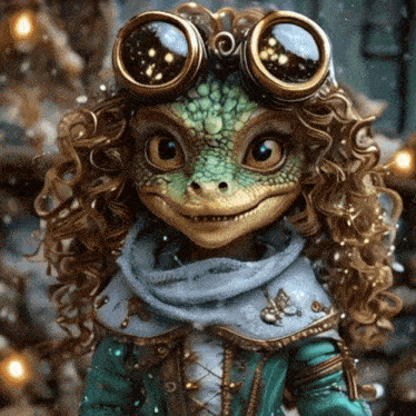a doll with a lizard face and goggles on her head