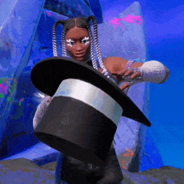 a woman with pigtails is holding a top hat in her hand