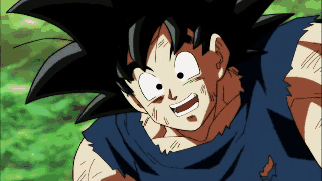 a close up of a cartoon character with a blue shirt and black hair