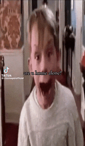 a young boy is standing in a hallway with his mouth open and says are u home alone