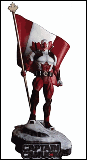 a statue of captain canada is holding a canadian flag