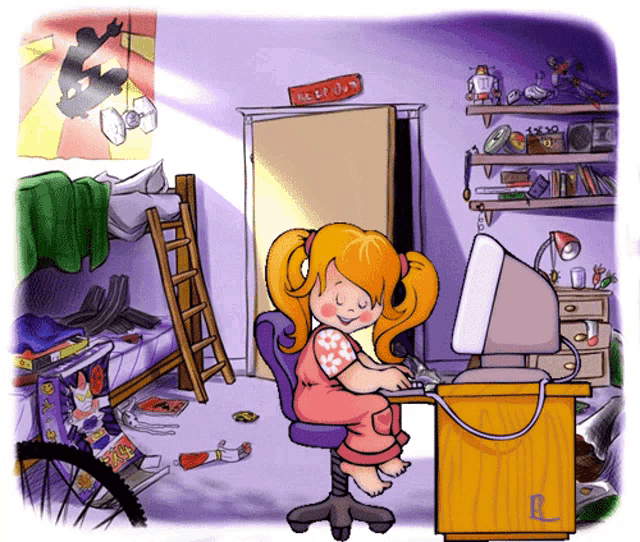 a cartoon of a girl sitting at a desk in front of a computer with a sign that says " keep out " on the door