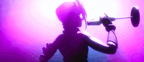 a silhouette of a woman holding a microphone with a purple background