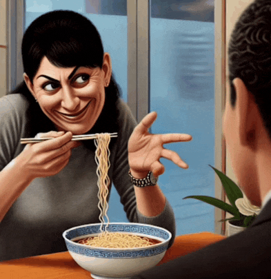 a woman is eating noodles with chopsticks from a bowl that says ' ramen ' on it
