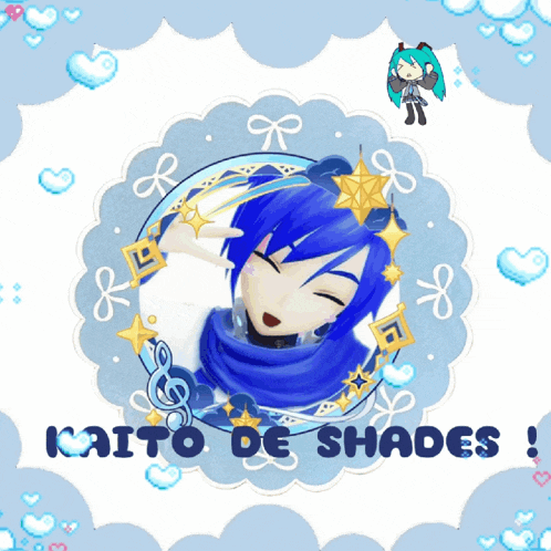 a picture of a girl with blue hair and the words kaito de shades