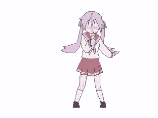 a cartoon of a girl with purple hair and a white shirt
