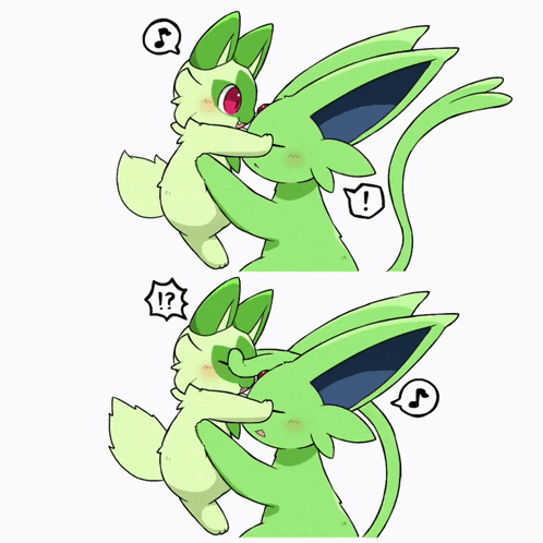 a cartoon of two green animals hugging with a speech bubble that says ' ! ? ' on it