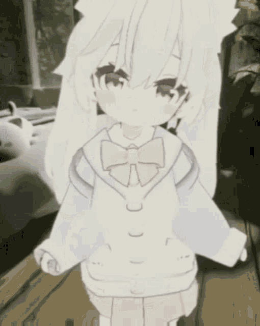 a girl with white hair and a pink bow is standing on a wooden table .