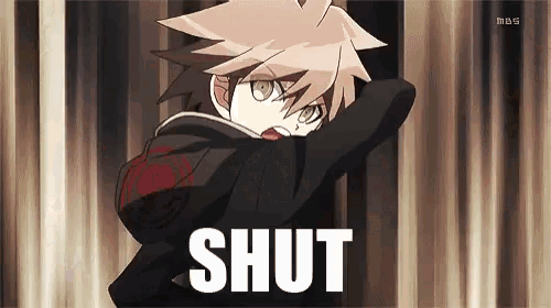 a cartoon character with the word shut written on the bottom
