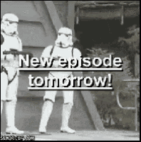 a black and white photo of stormtroopers standing next to each other with the words `` new episode tomorrow ! ''