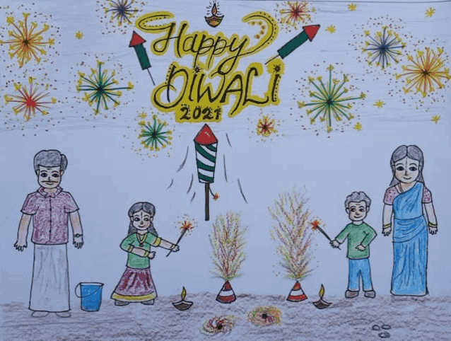 a drawing of a family celebrating diwali with fireworks in the background