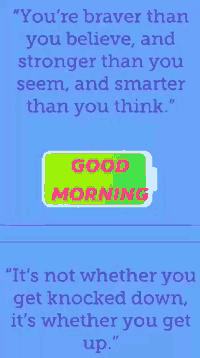 a blue background with a green sticker that says good morning on it