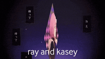 a girl with pink hair is standing in front of a checkered background with the words ray and kasey written on it .
