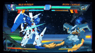 a video game with ex-s gundam and burn lapus