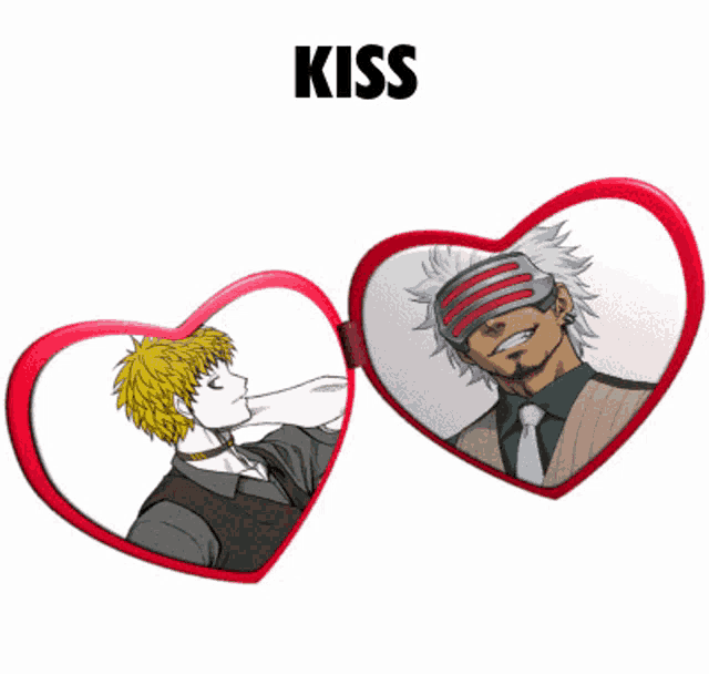 a pair of red heart shaped sunglasses with a man in a suit and tie