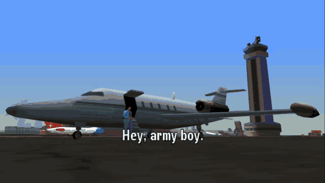 a video game screen shows a man getting out of a plane and the words hey army boy