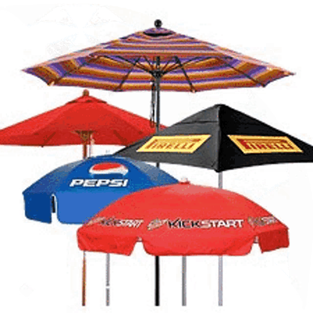 a group of umbrellas with pepsi and kickstart written on them