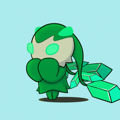 a drawing of a green and white cartoon character with a yellow background