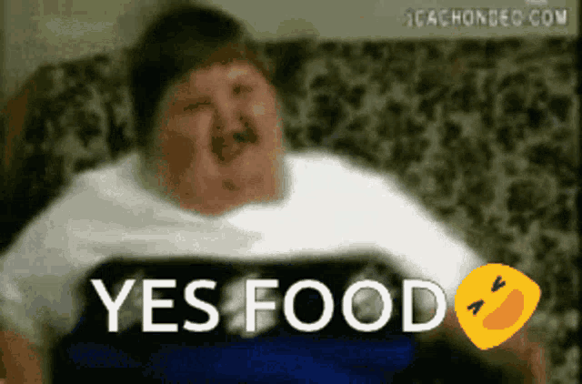 a fat man is sitting on a couch with the words yes food written below him