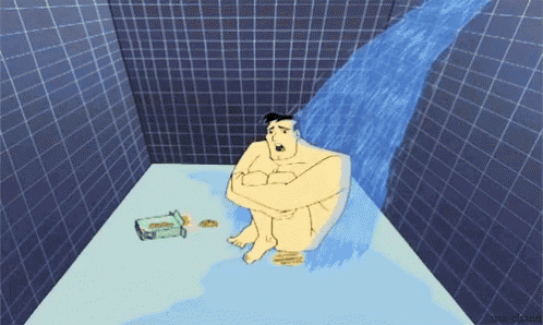 a cartoon of a naked man sitting in a bathtub with a box of soap on the floor