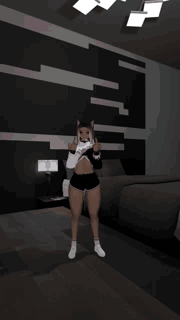 a girl with cat ears and a choker giving the middle finger