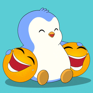 a penguin is holding two laughing smiley faces in its paws