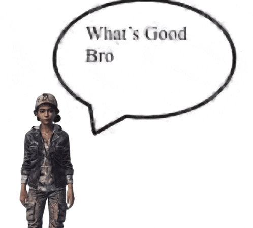 a drawing of a person with a speech bubble that says " what 's good bro "