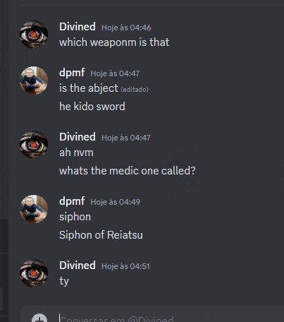a screenshot of a conversation between divined and siphon of reatsu