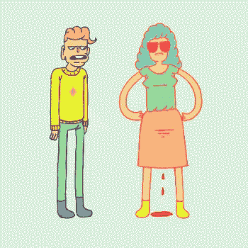 a man in a yellow sweater and a woman in a pink skirt are standing next to each other
