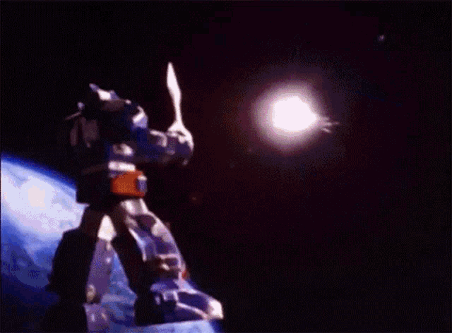a robot is holding a sword in front of the earth