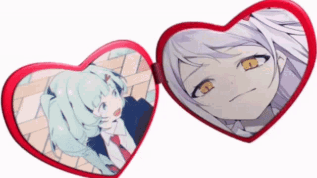 a couple of heart shaped mirrors with anime characters in them
