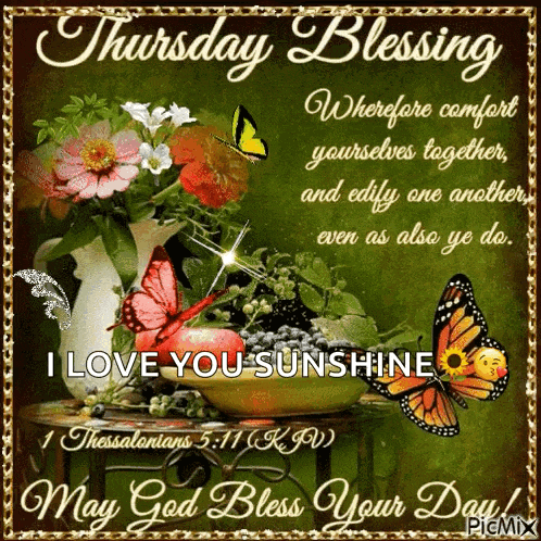 a thursday blessing with butterflies and flowers on a green background
