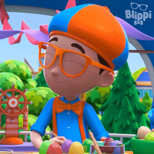 a cartoon character from blippi is sitting at a table with eggs