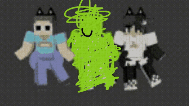 a drawing of three minecraft characters with one of them having a green face