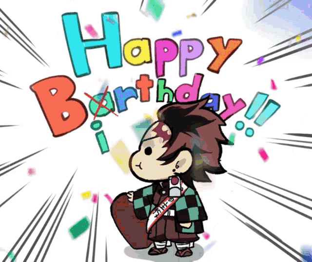 a cartoon character is holding a heart in front of a happy birthday message