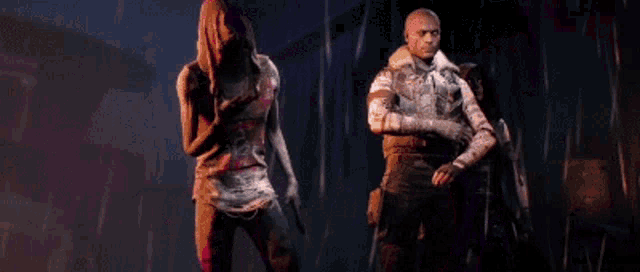 a man and two women are standing next to each other in a dark room in a video game .