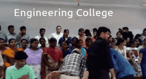 a group of people are gathered in a room with the words engineering college on the wall