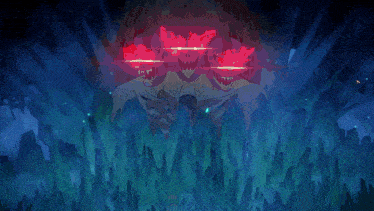 a cartoon drawing of three skulls with red eyes and horns