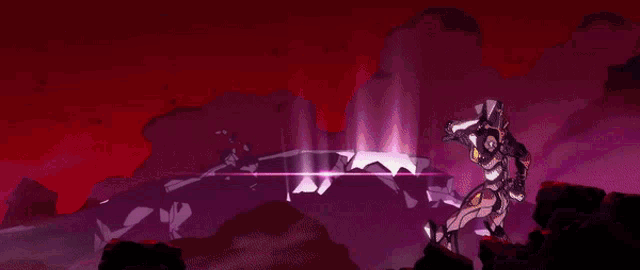 a pixel art illustration of a person standing on top of a mountain with a purple background .