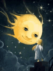 a little girl looks up at a smiling moon