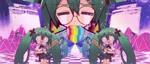 a girl with green hair and glasses is holding a sign that says ' sample ' on it
