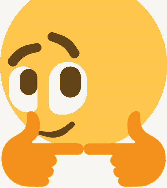 a thinking smiley face with two fingers pointing to it