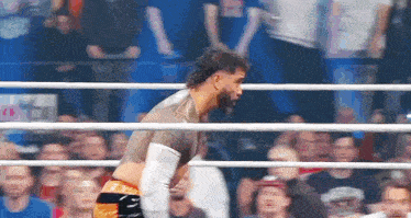 a wrestler is standing in the middle of a wrestling ring with a crowd watching .