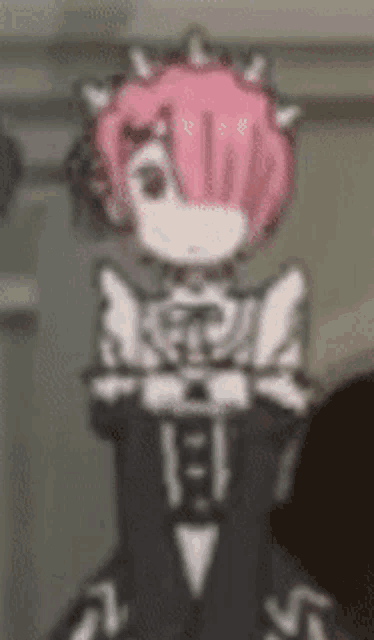 a drawing of a girl with pink hair and a black and white dress