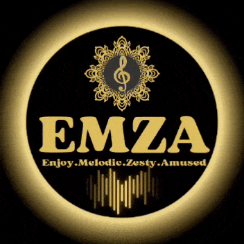 a logo for emza enjoy melodic zesty amused with a treble clef in the center